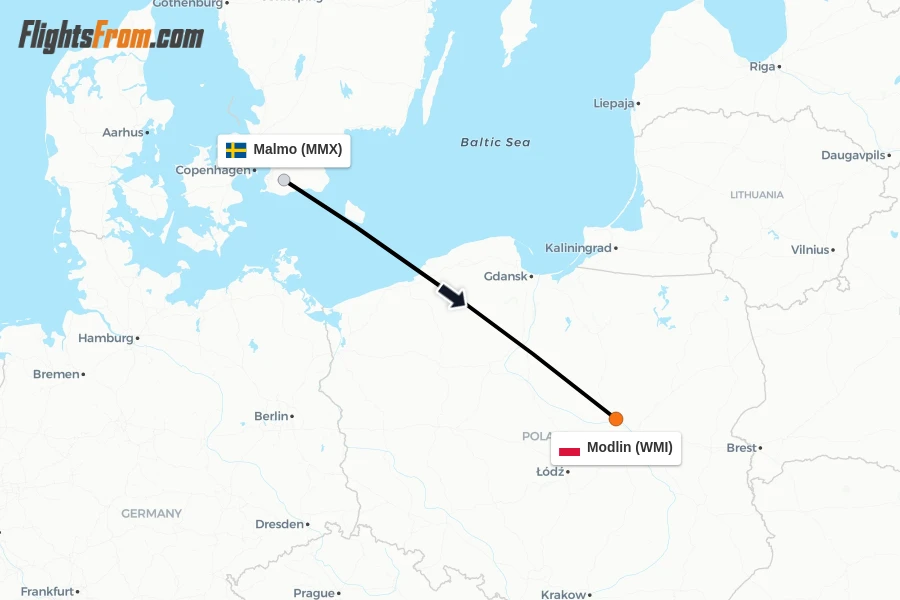 Flights from Malmo to Modlin route map