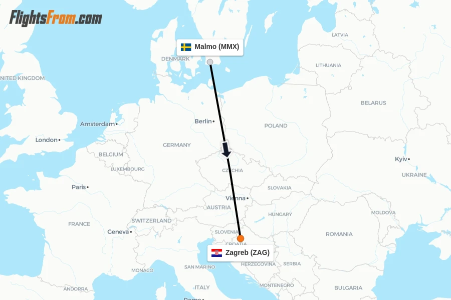 Flights from Malmo to Zagreb route map