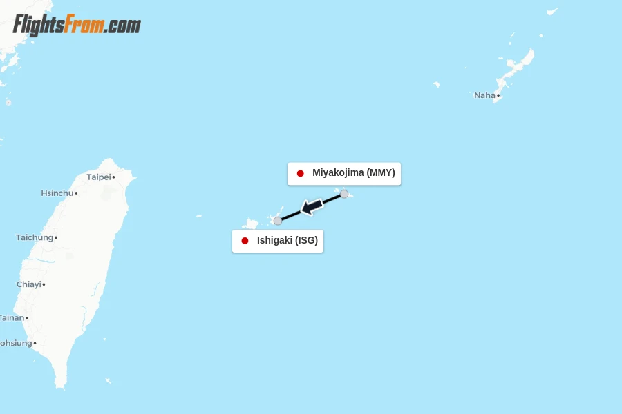 Flights from Miyakojima to Ishigaki route map