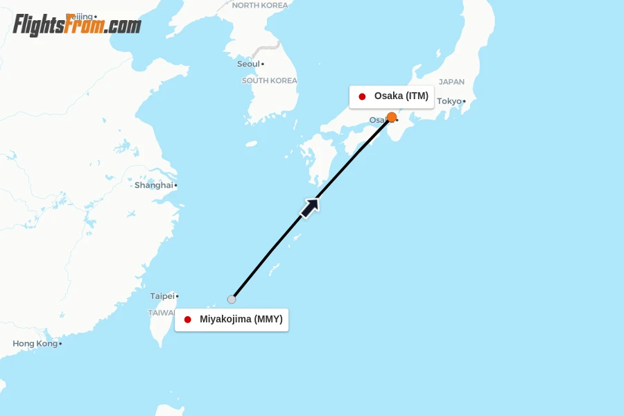 Flights from Miyakojima to Osaka route map