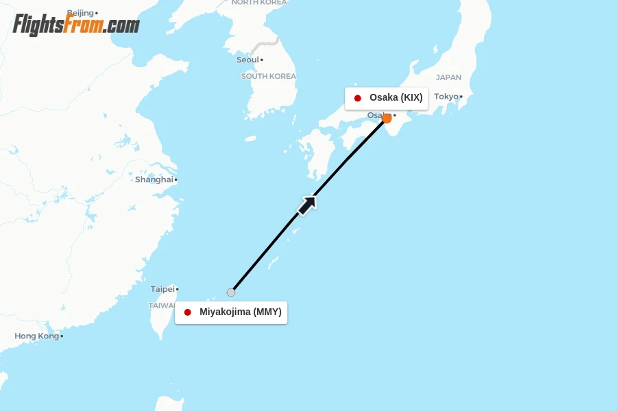 Flights from Miyakojima to Osaka route map