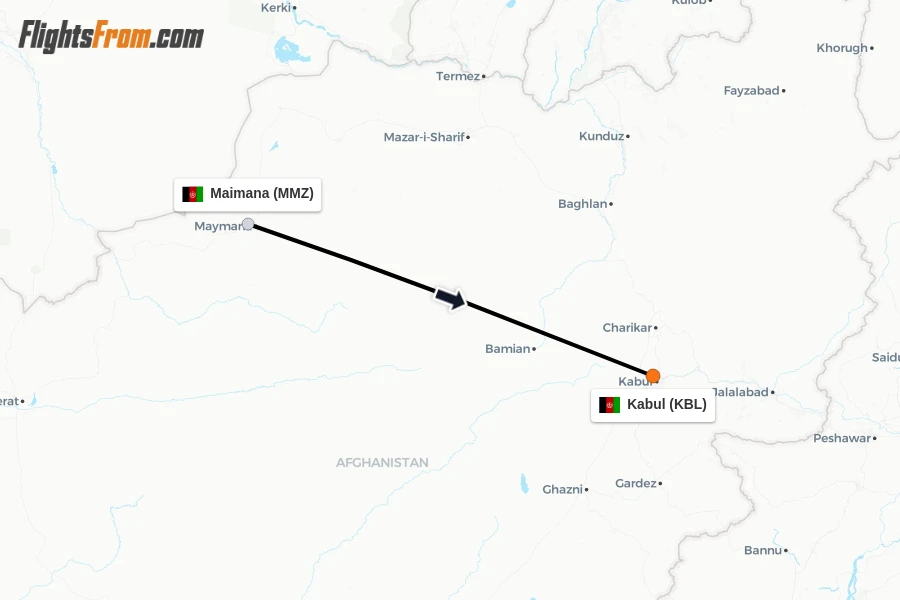 Flights from Maimana to Kabul route map