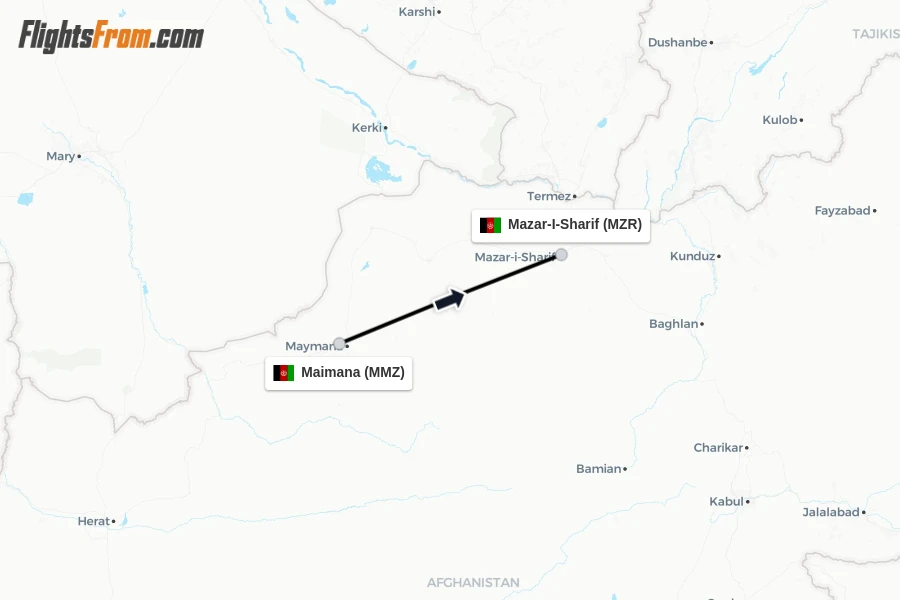 Flights from Maimana to Mazar-I-Sharif route map