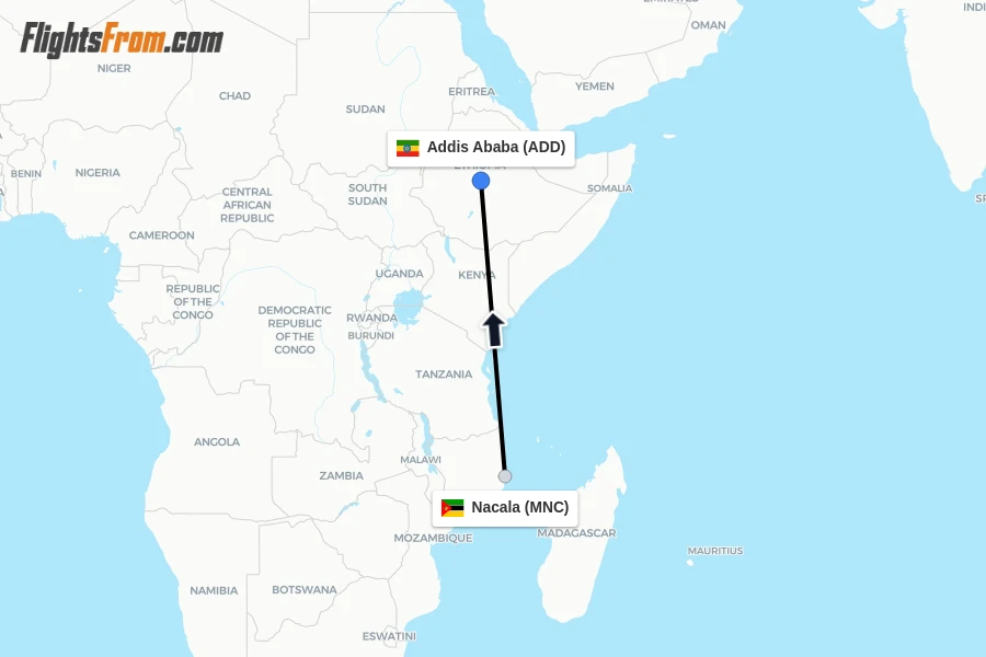Flights from Nacala to Addis Ababa route map
