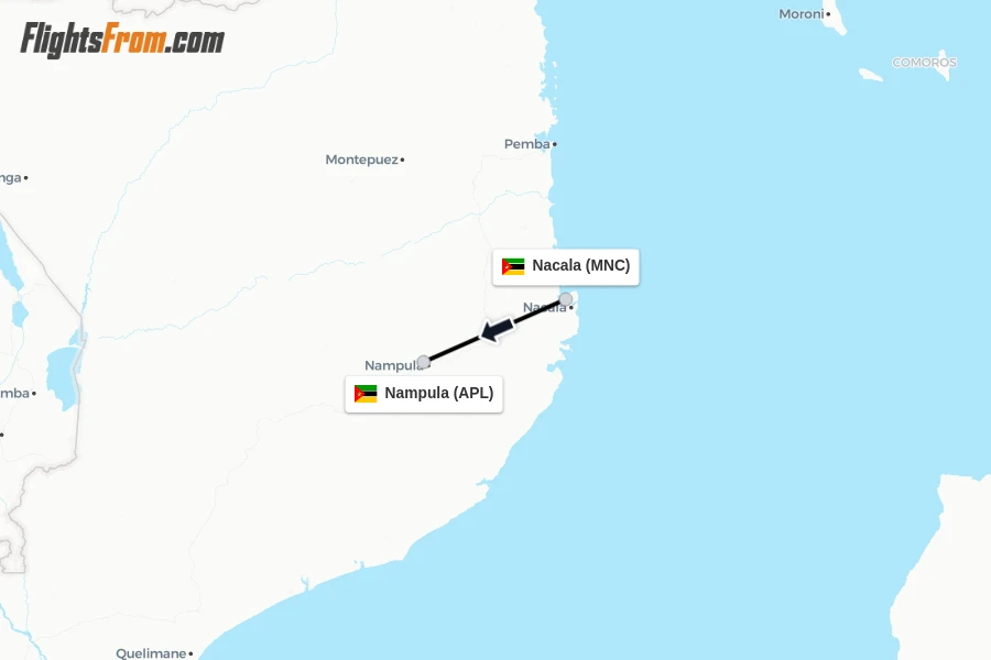 Flights from Nacala to Nampula route map