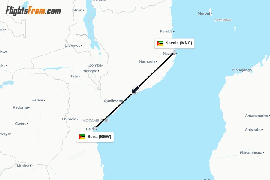 Flights from Nacala to Beira route map