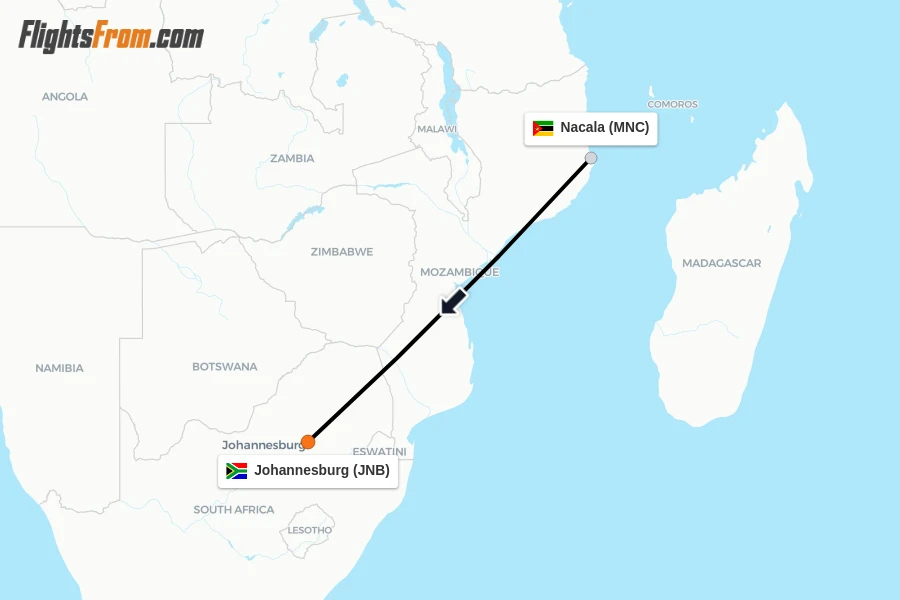 Flights from Nacala to Johannesburg route map