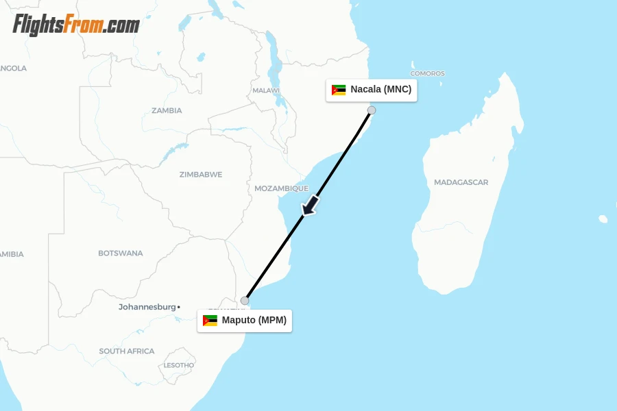 Flights from Nacala to Maputo route map