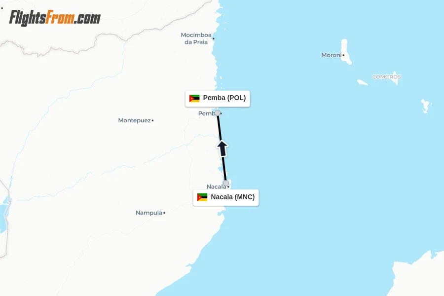 Flights from Nacala to Pemba route map