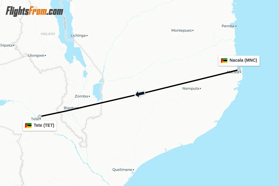 Flights from Nacala to Tete route map