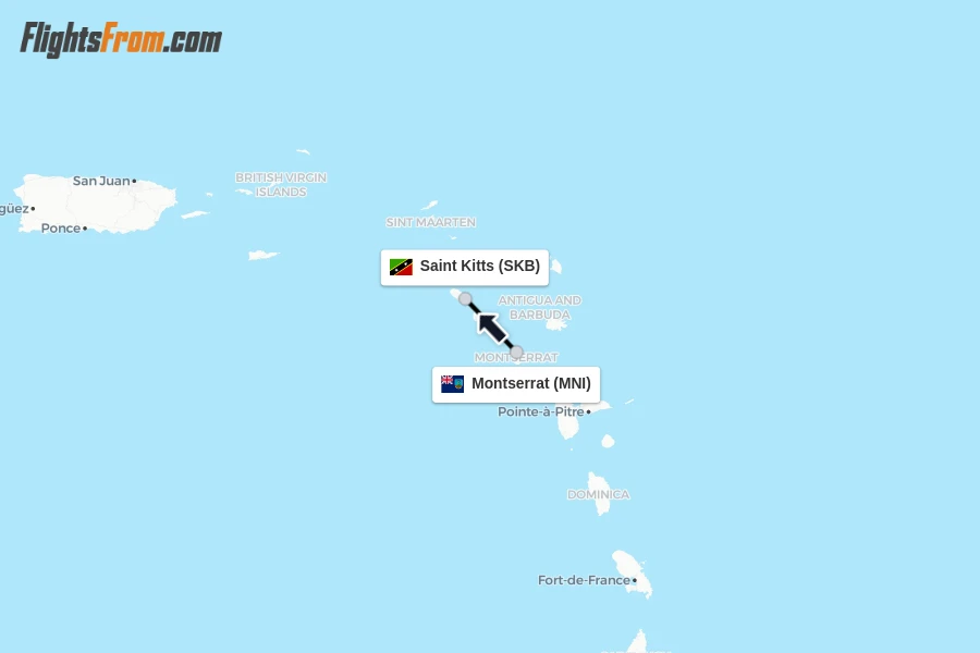 Flights from Montserrat to Saint Kitts route map