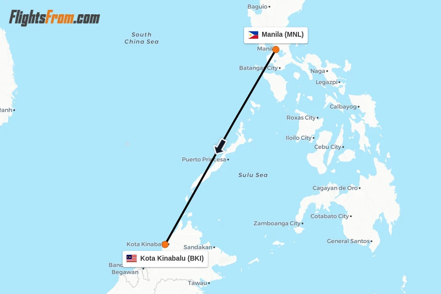Flights from Manila to Kota Kinabalu route map