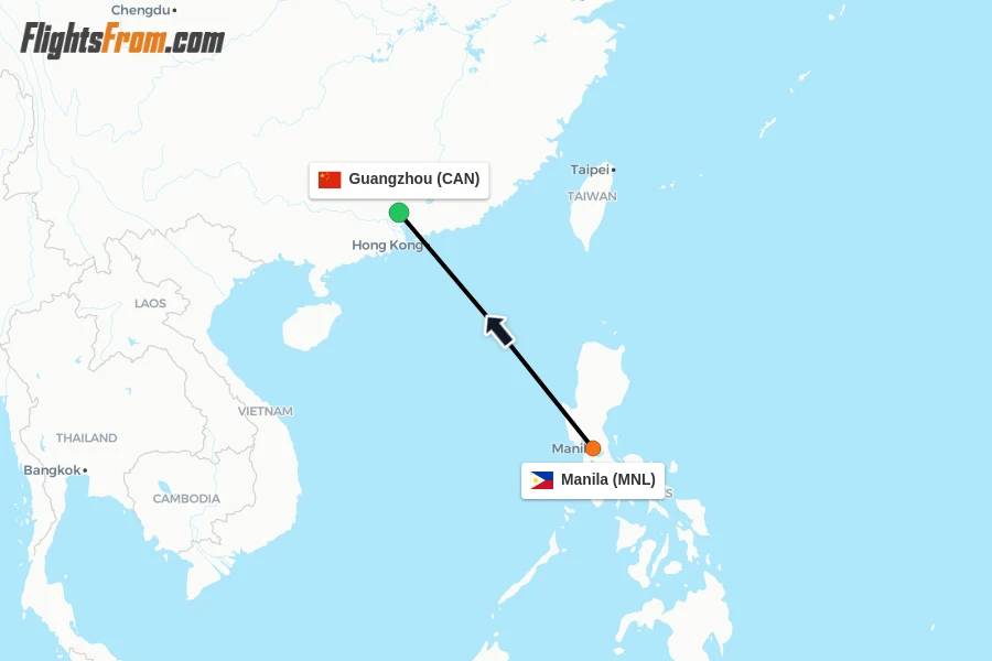 Flights from Manila to Guangzhou route map