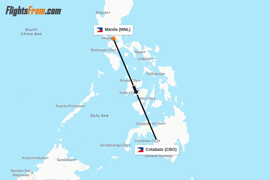Flights from Manila to Cotabato route map