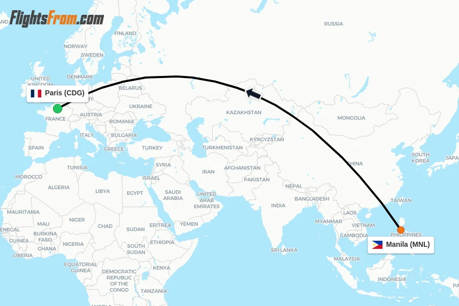 Flights from Manila to Paris route map