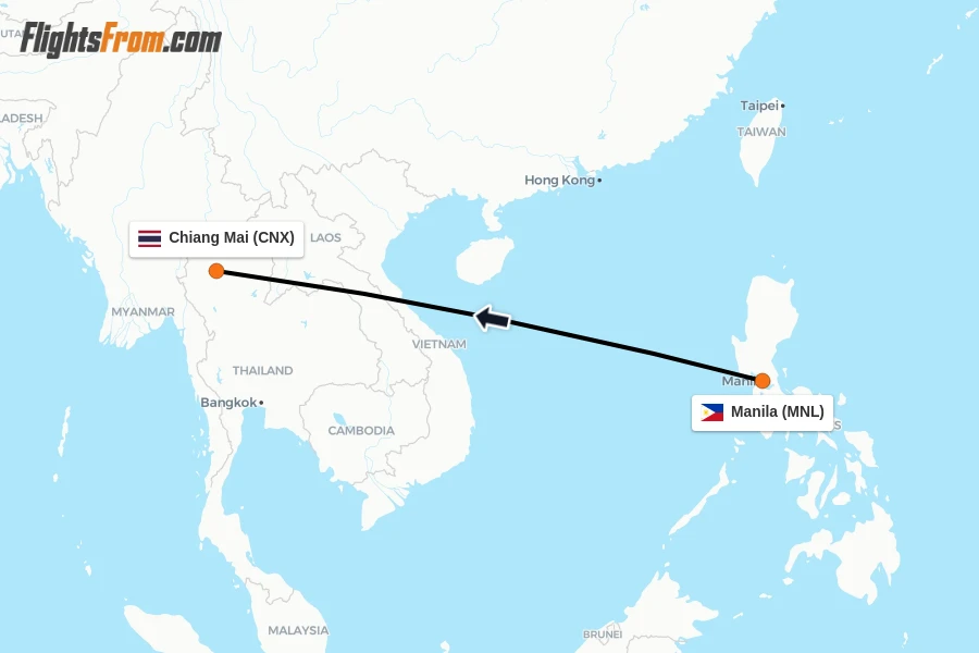 Flights from Manila to Chiang Mai route map