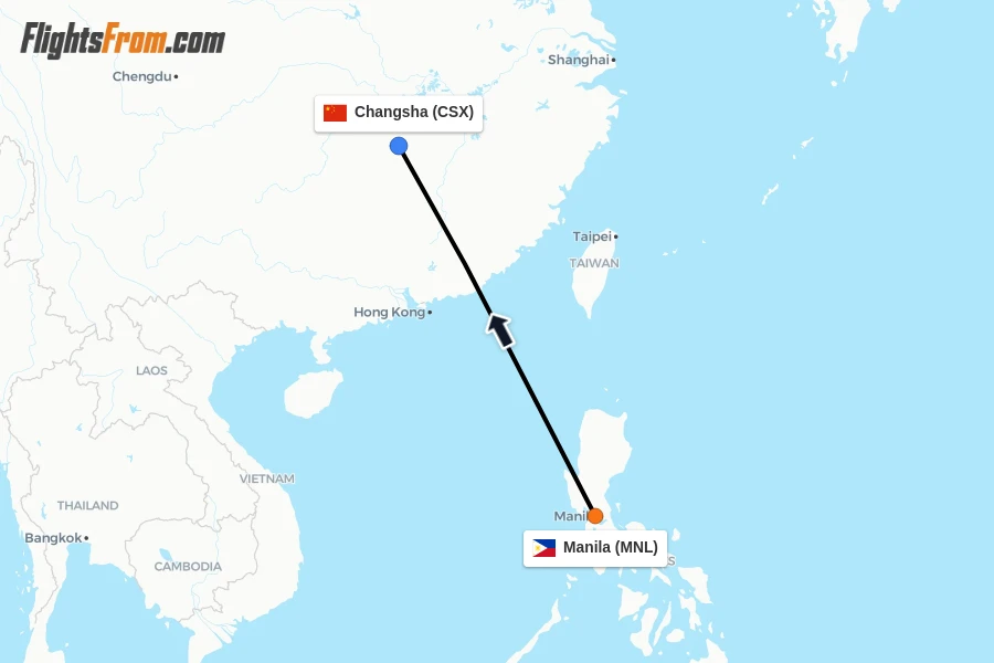 Flights from Manila to Changsha route map