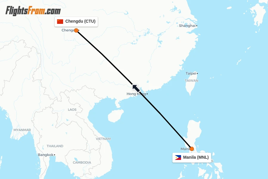 Flights from Manila to Chengdu route map