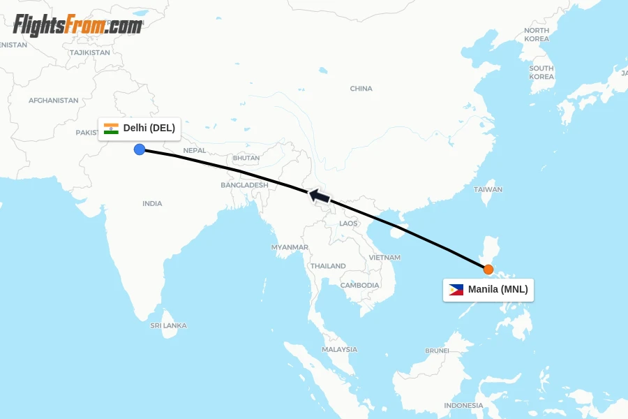 Flights from Manila to Delhi route map