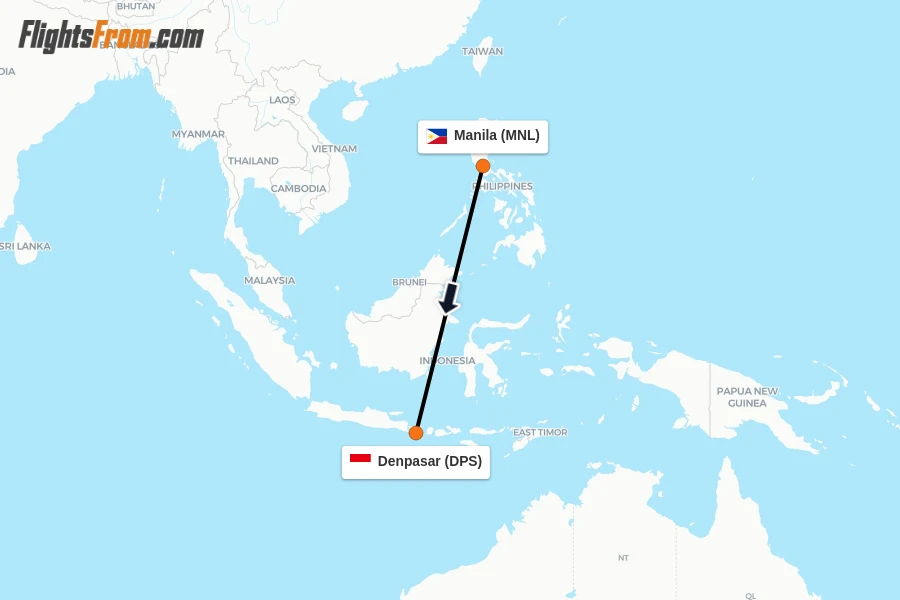 Flights from Manila to Denpasar route map