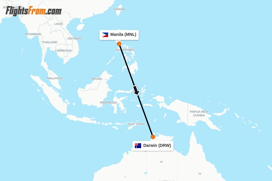Flights from Manila to Darwin route map