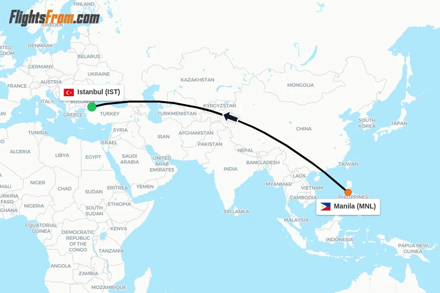 Flights from Manila to Istanbul route map
