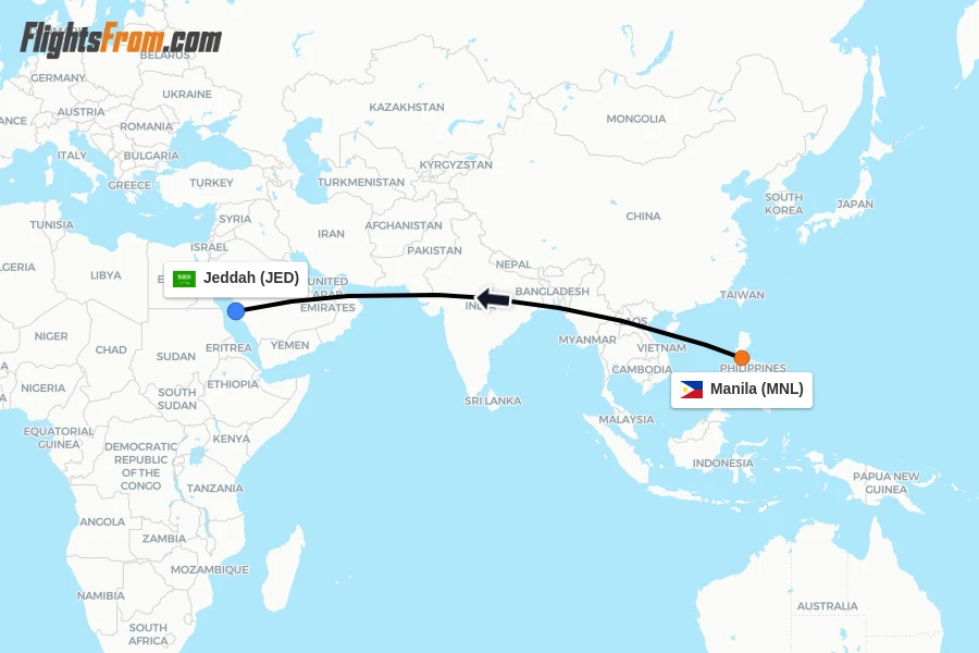 Flights from Manila to Jeddah route map