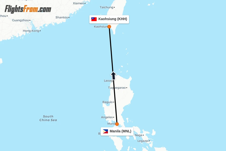 Flights from Manila to Kaohsiung route map
