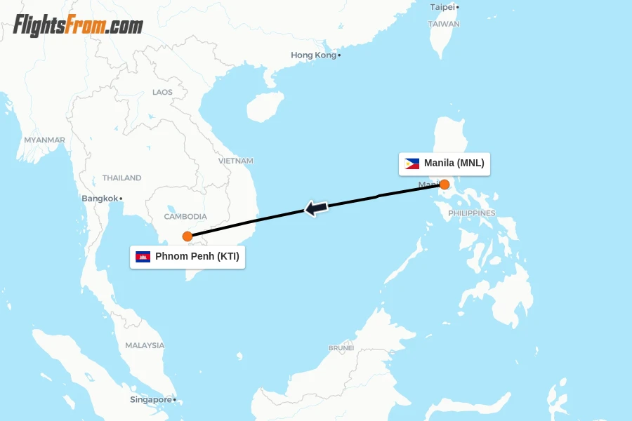 Flights from Manila to Phnom Penh route map