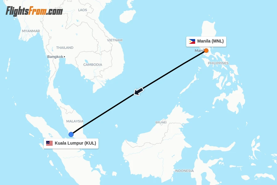 Flights from Manila to Kuala Lumpur route map