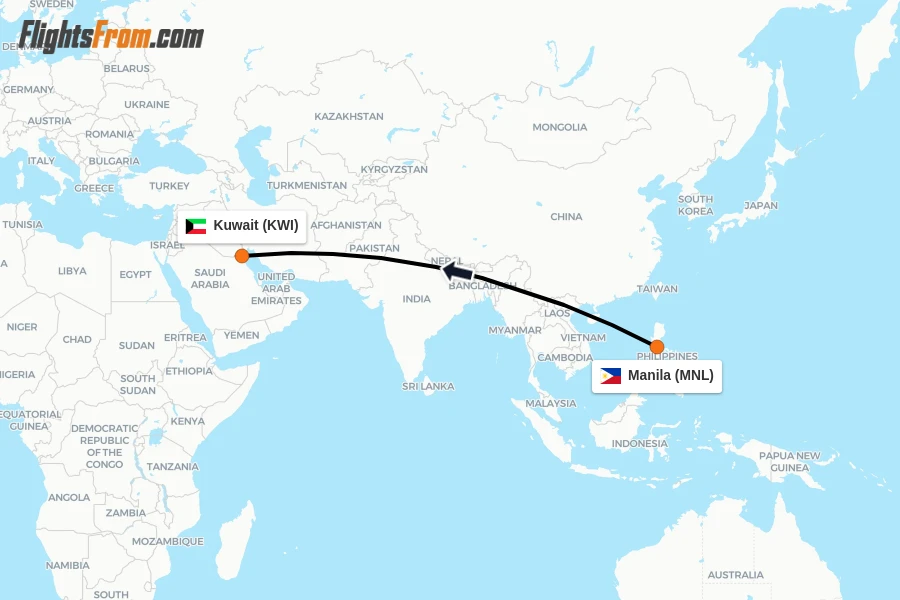 Flights from Manila to Kuwait route map