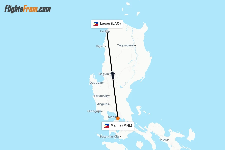 Flights from Manila to Laoag route map