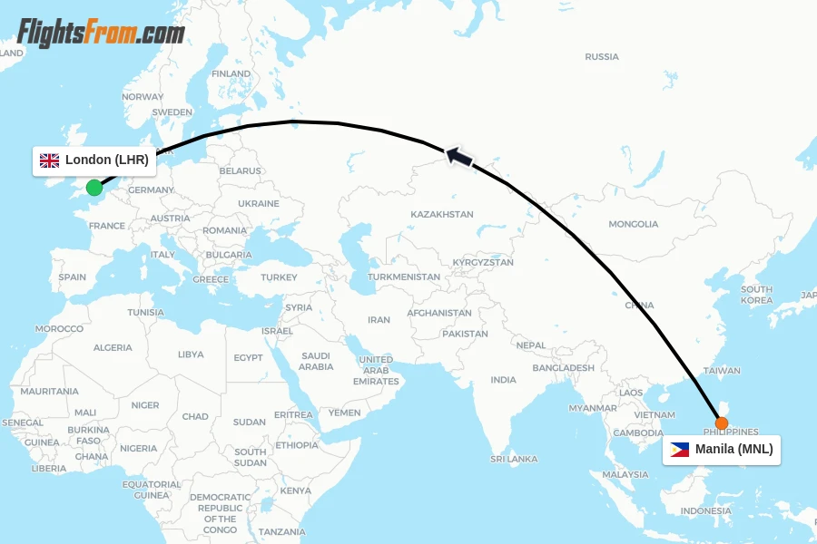 Flights from Manila to London route map