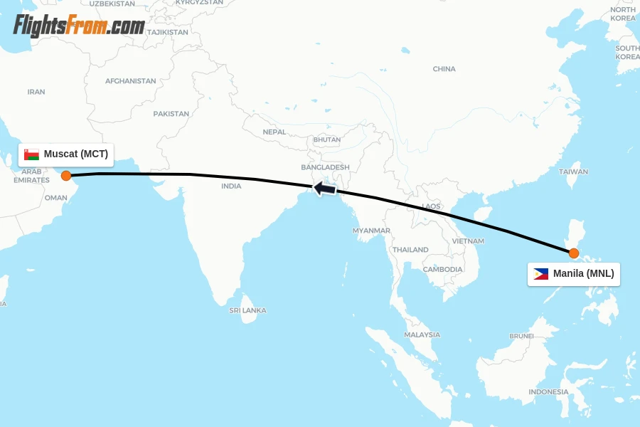 Flights from Manila to Muscat route map