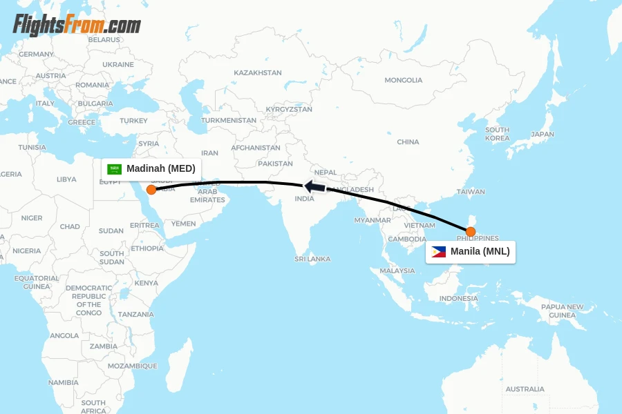Flights from Manila to Madinah route map