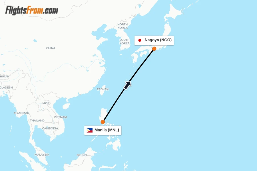 Flights from Manila to Nagoya route map