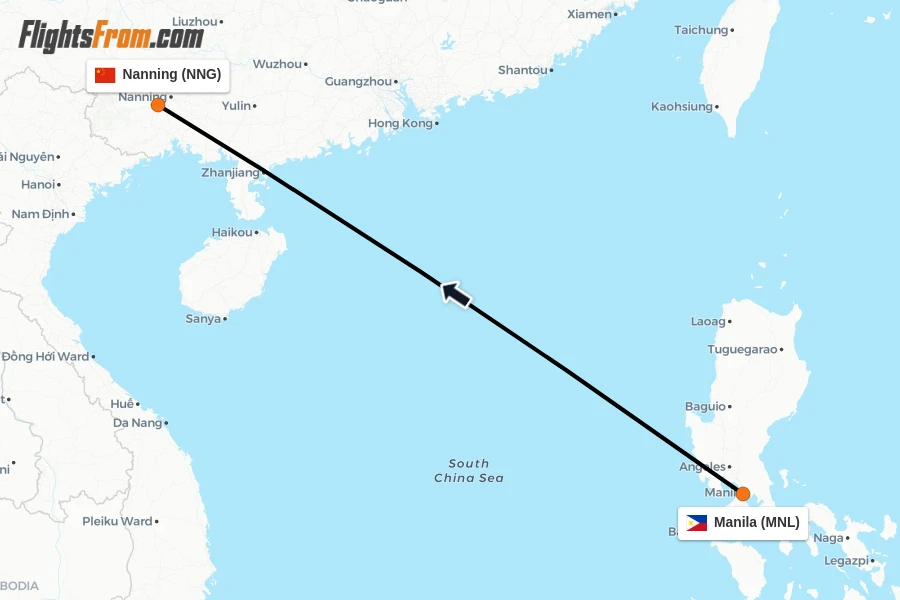 Flights from Manila to Nanning route map