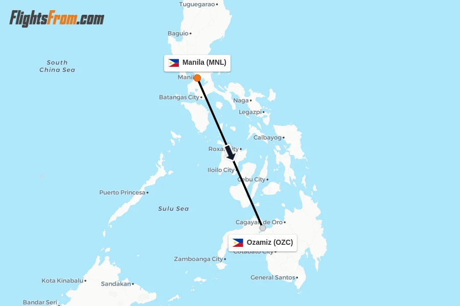 Flights from Manila to Ozamiz route map