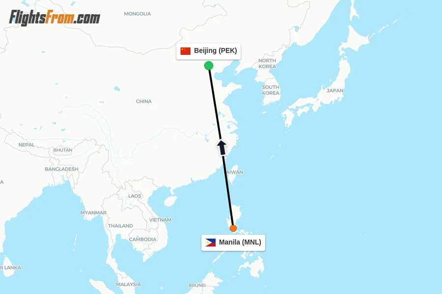 Flights from Manila to Beijing route map