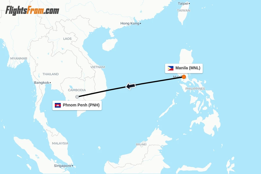 Flights from Manila to Phnom Penh route map
