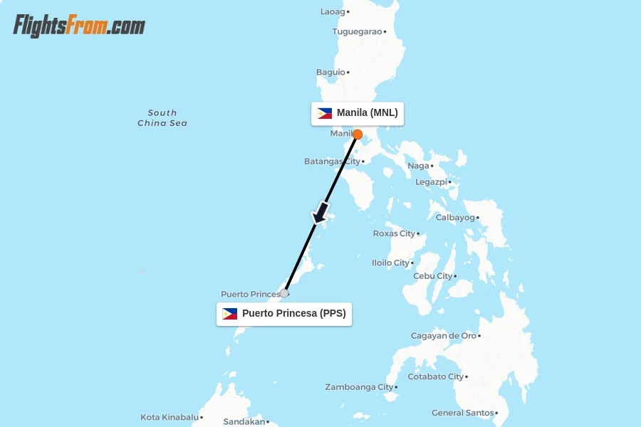 Flights from Manila to Puerto Princesa route map
