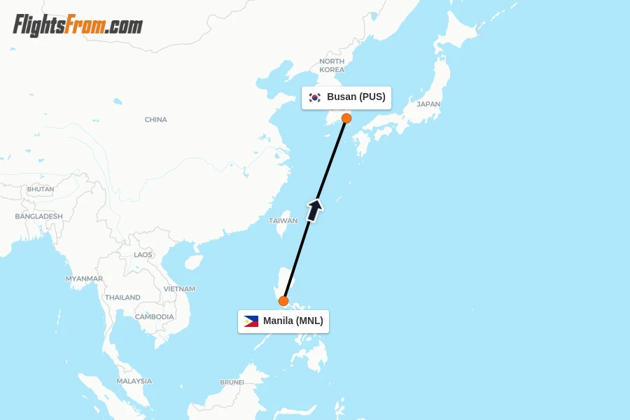 Flights from Manila to Busan route map