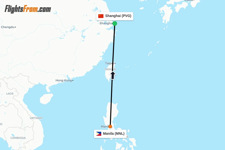 Flights from Manila to Shanghai route map
