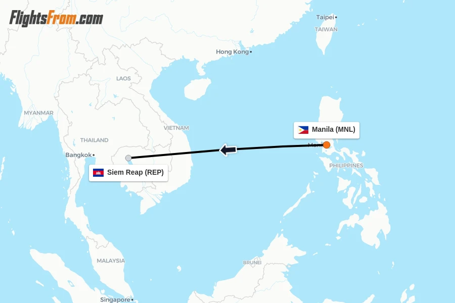 Flights from Manila to Siem Reap route map