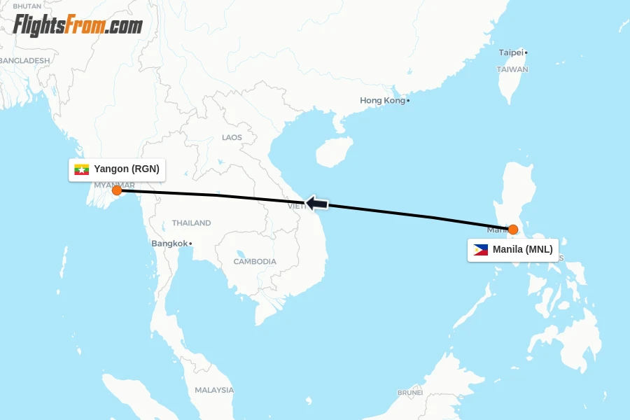 Flights from Manila to Yangon route map