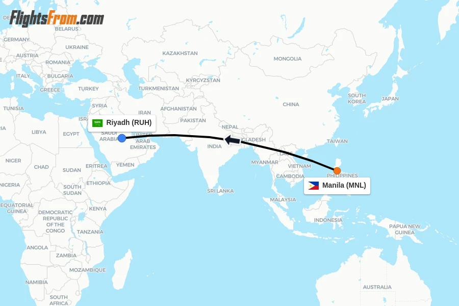 Flights from Manila to Riyadh route map