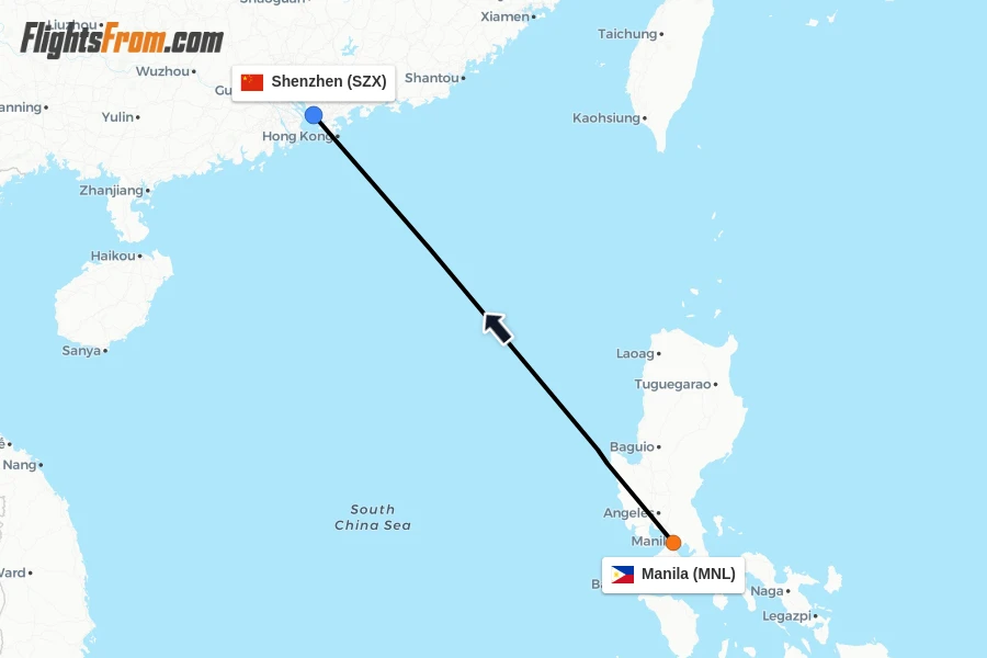 Flights from Manila to Shenzhen route map