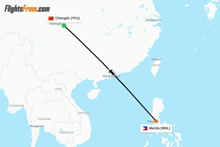 Flights from Manila to Chengdu route map