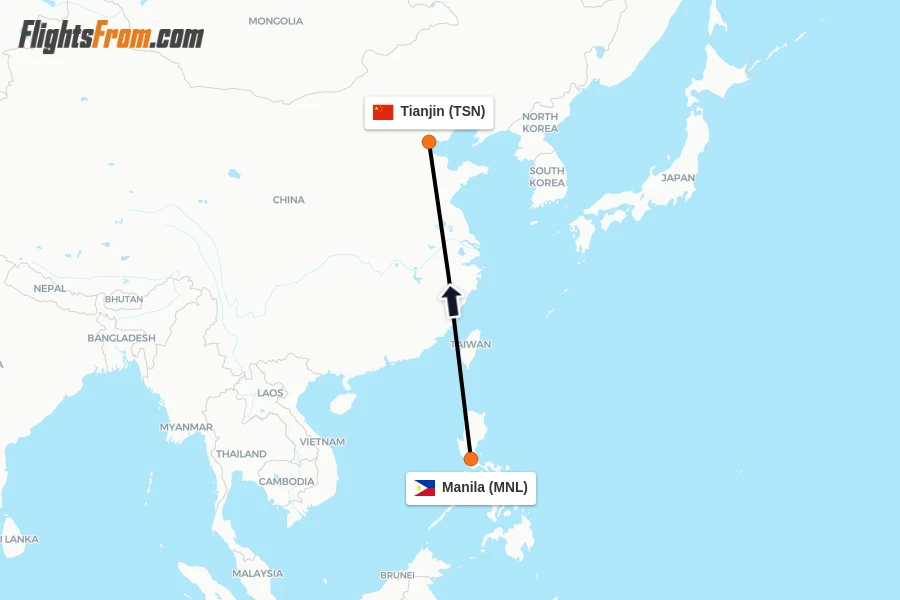 Flights from Manila to Tianjin route map