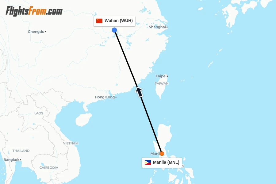 Flights from Manila to Wuhan route map